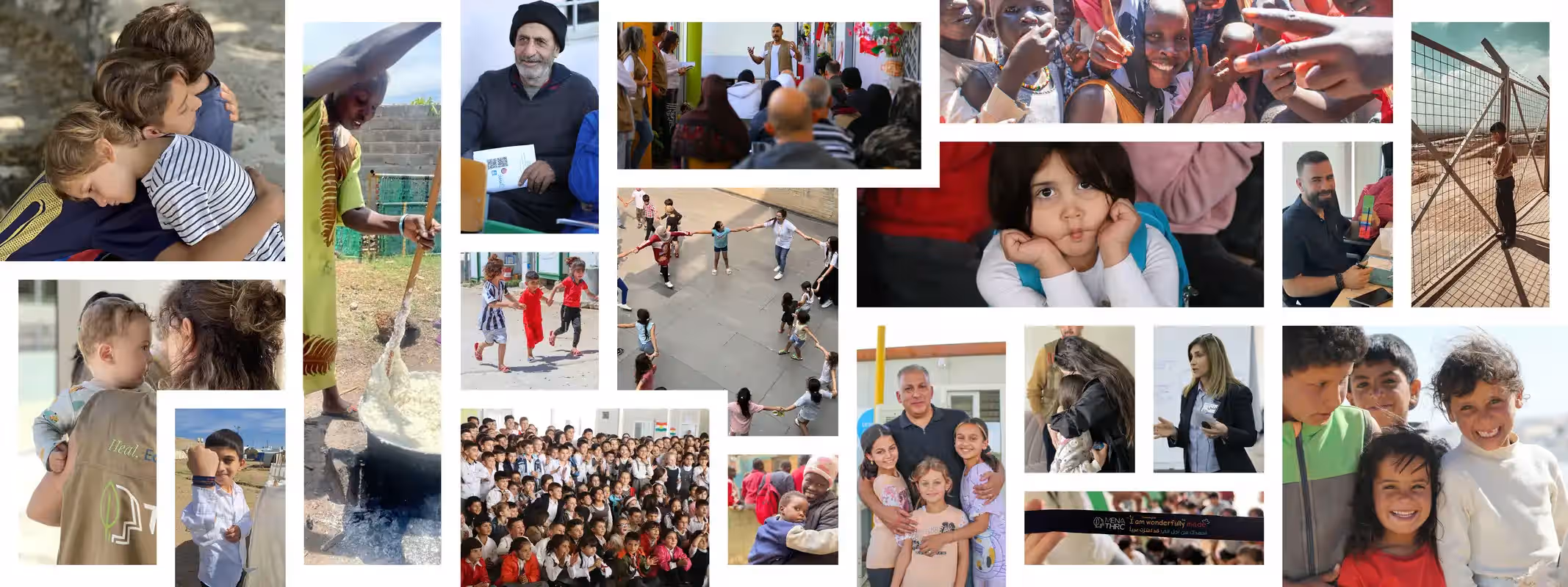 A grid photo collage showing scenes of community support, children playing, field education, and global humanitarian aid work.